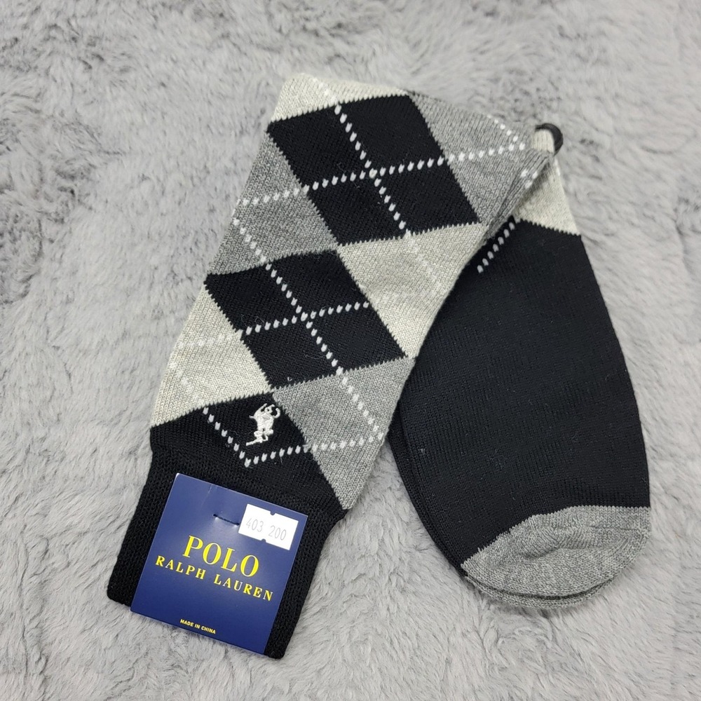 Polo Ralph Lauren Socks Mens 10-13 Black Gray Argyle Pony Dress Mid Calf